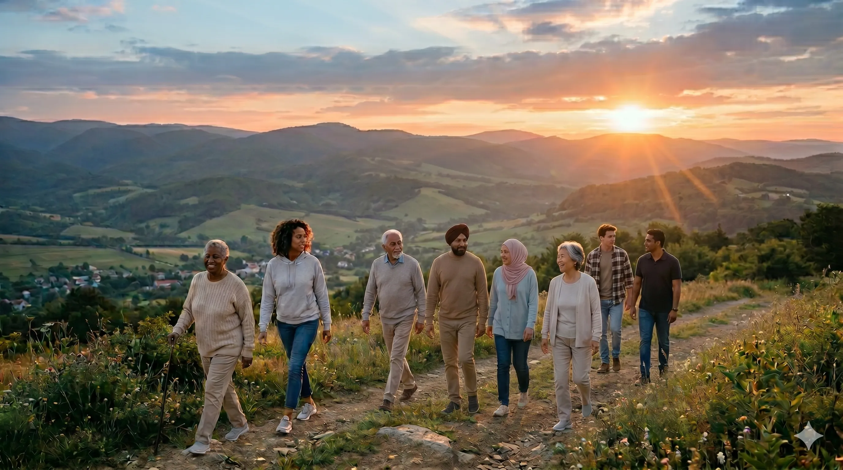 A diverse, multigenerational group walking together along a sunlit mountain path at sunset.